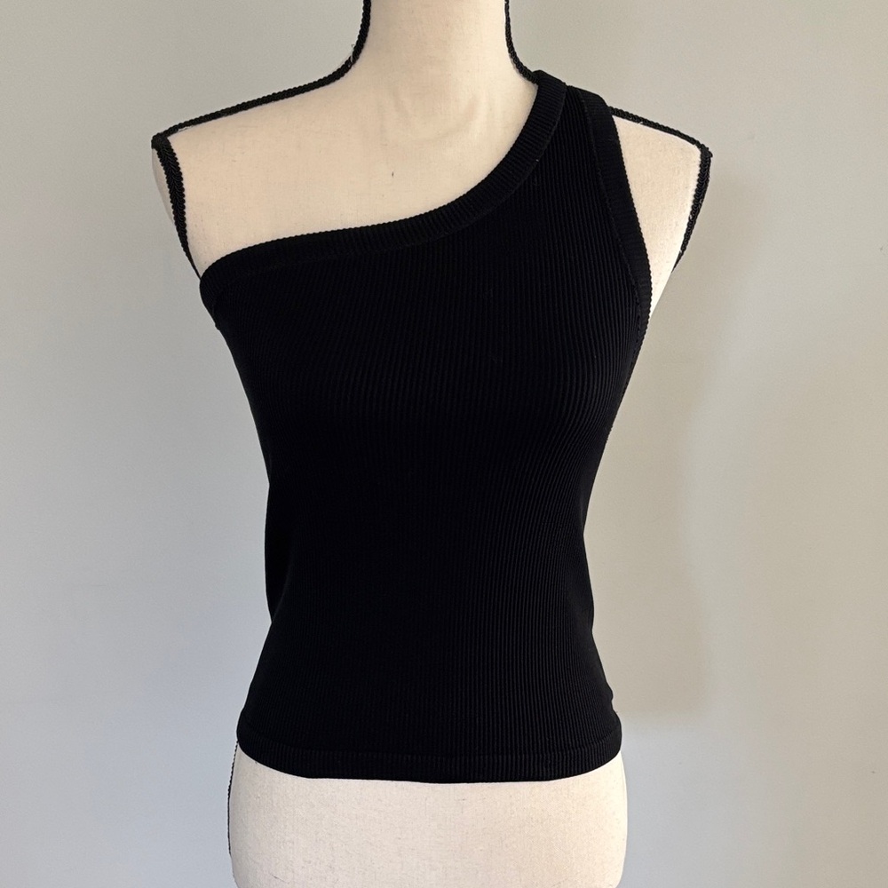Topshop Black Ribbed One-Shoulder Tank Top